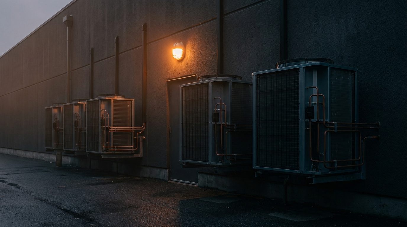 A wall light glowing above service equipment on a dark building exterior at night