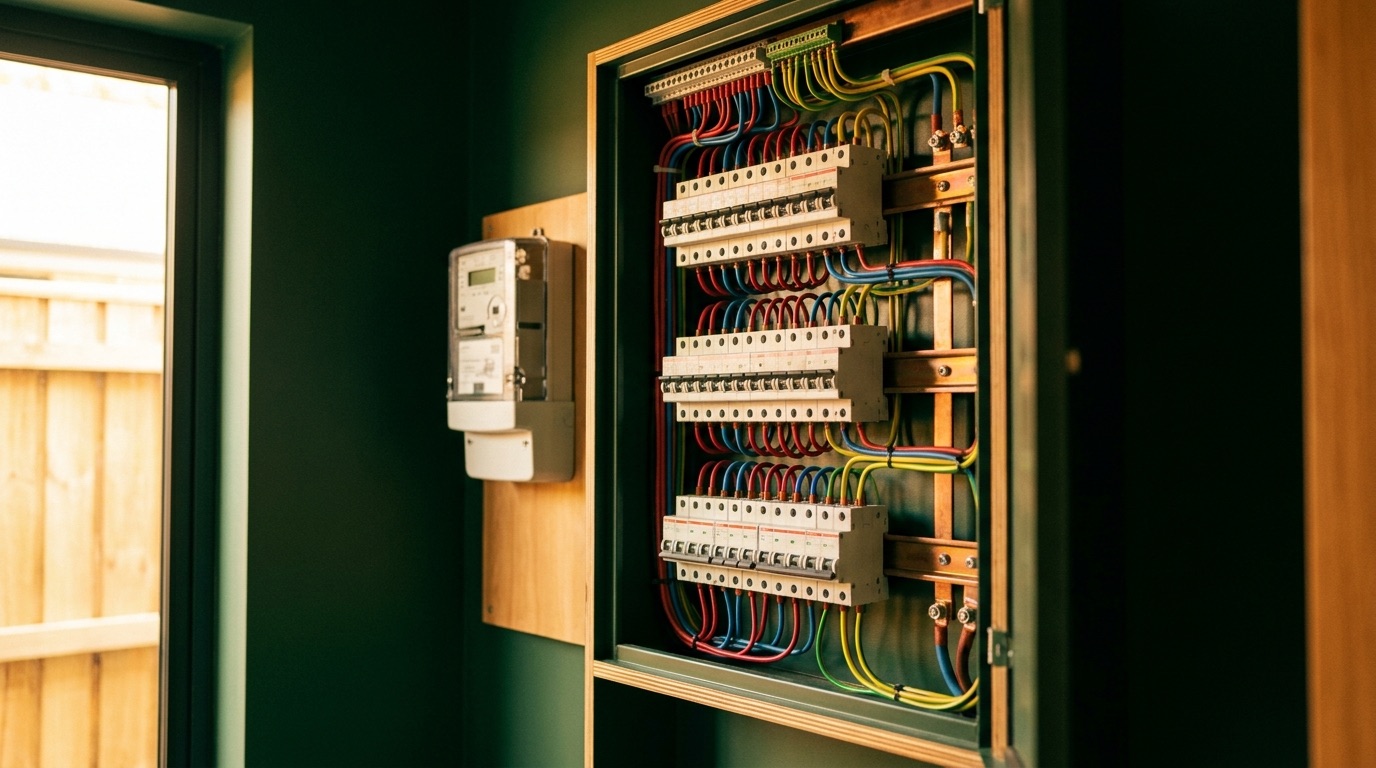 An open switchboard with circuit breakers and an electricity meter mounted on a wall