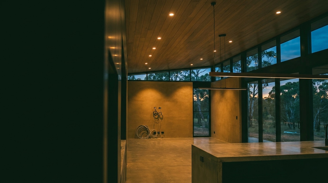 A timber-lined room lit by recessed downlights at dusk