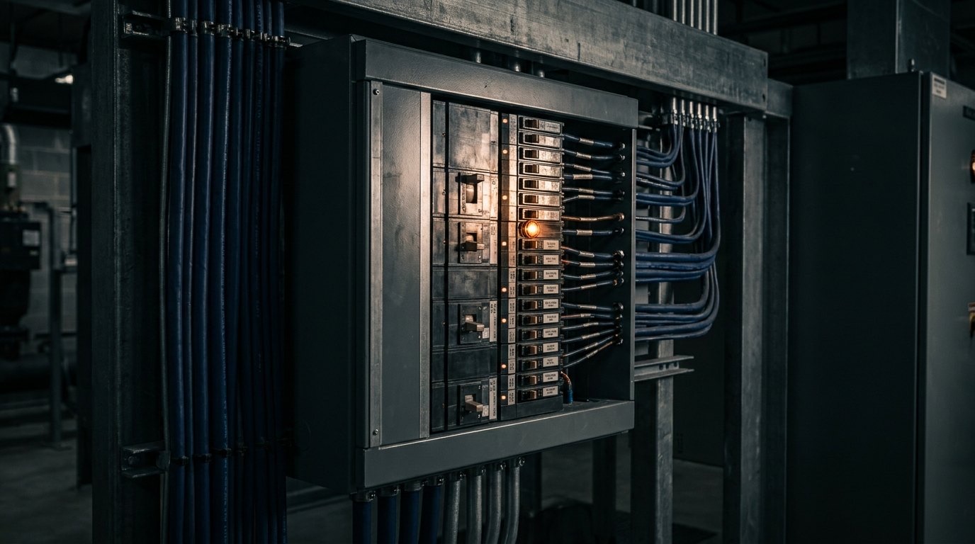 A switchboard with rows of circuit breakers in a dimly lit plant room