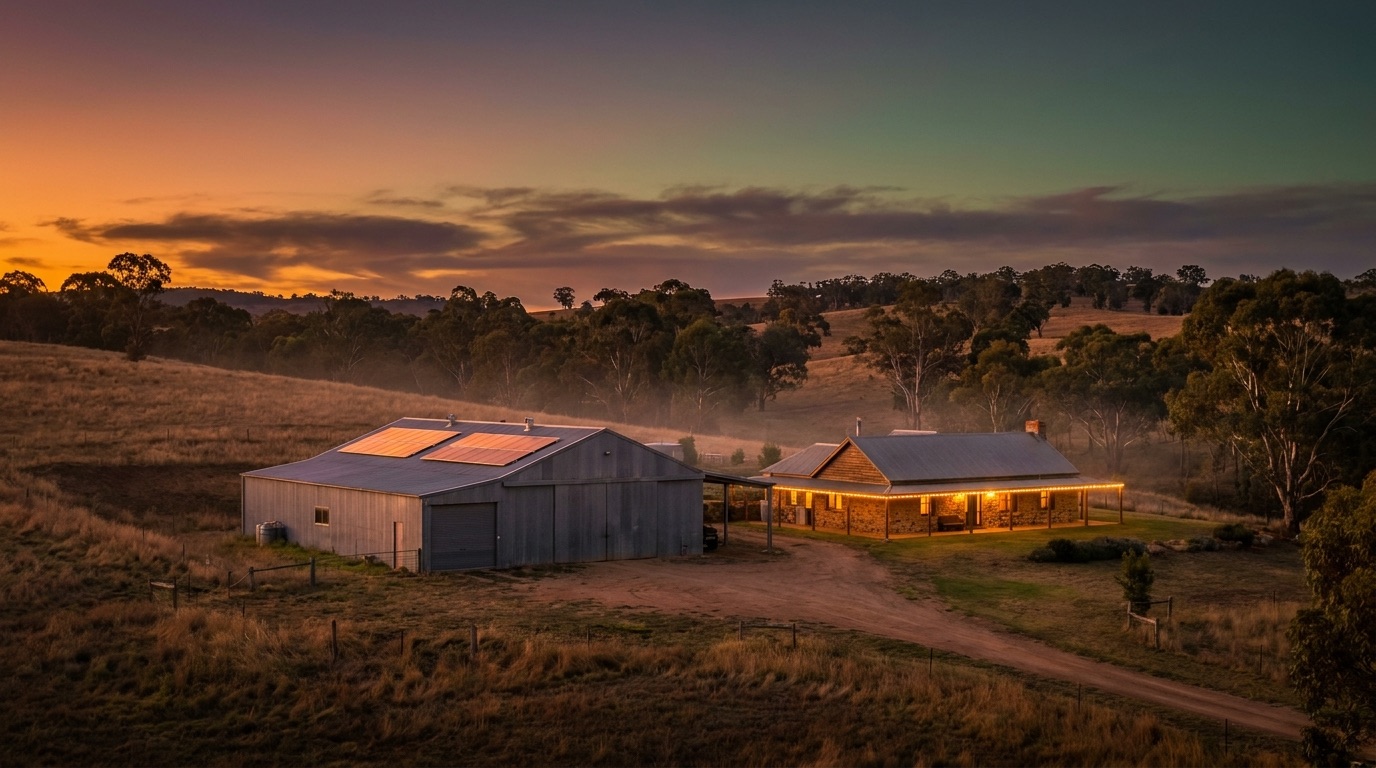 A corrugated iron shed and farmhouse lit at dusk on a dry inland property