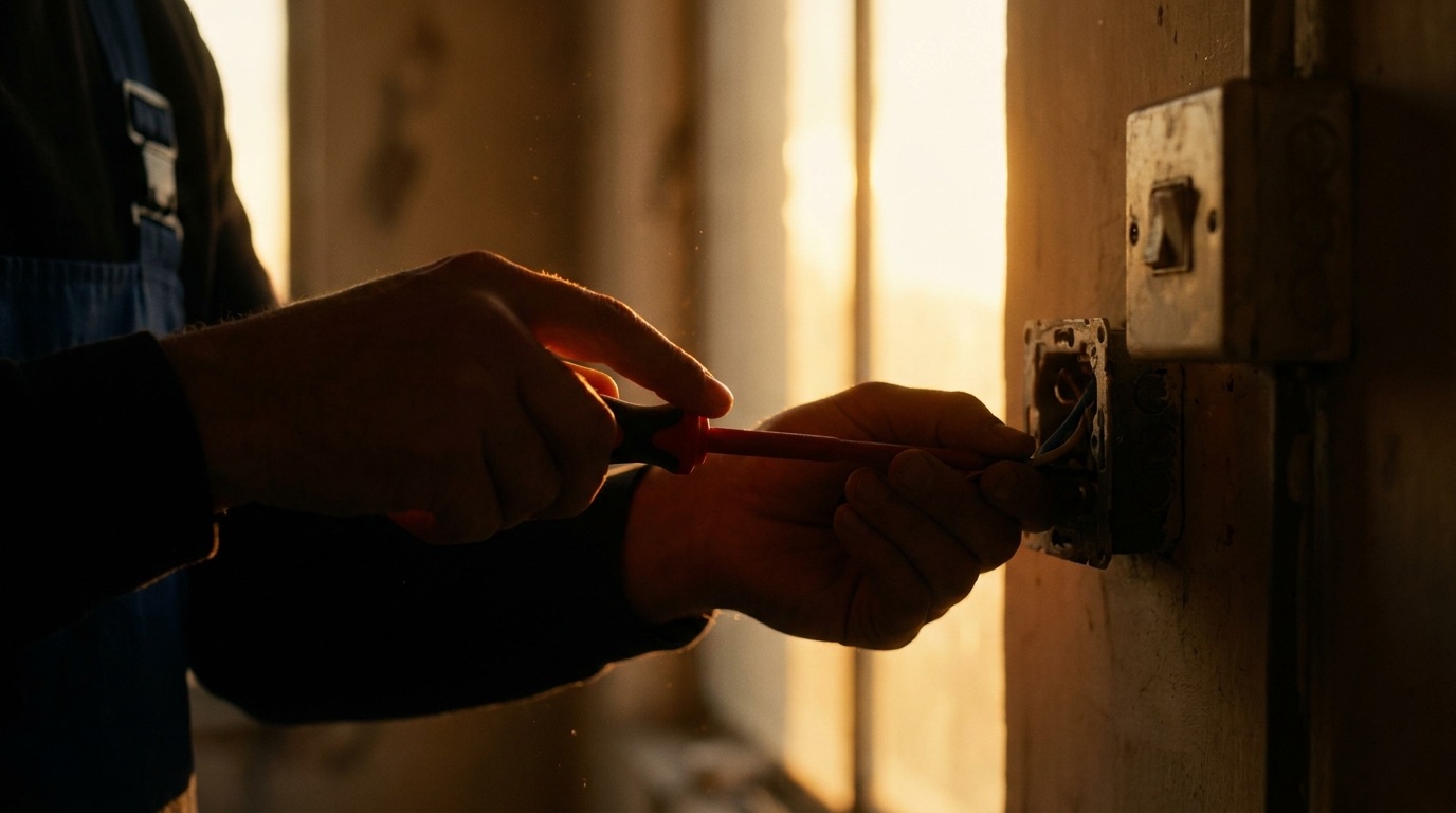 A hand using a screwdriver at a wall socket in warm light