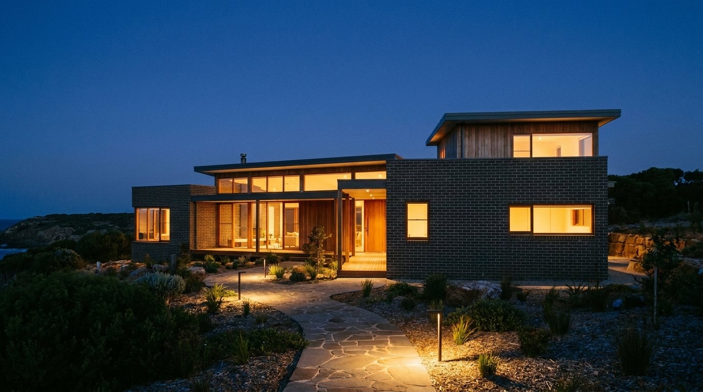 A brick home at dusk with warm garden and path lighting switched on