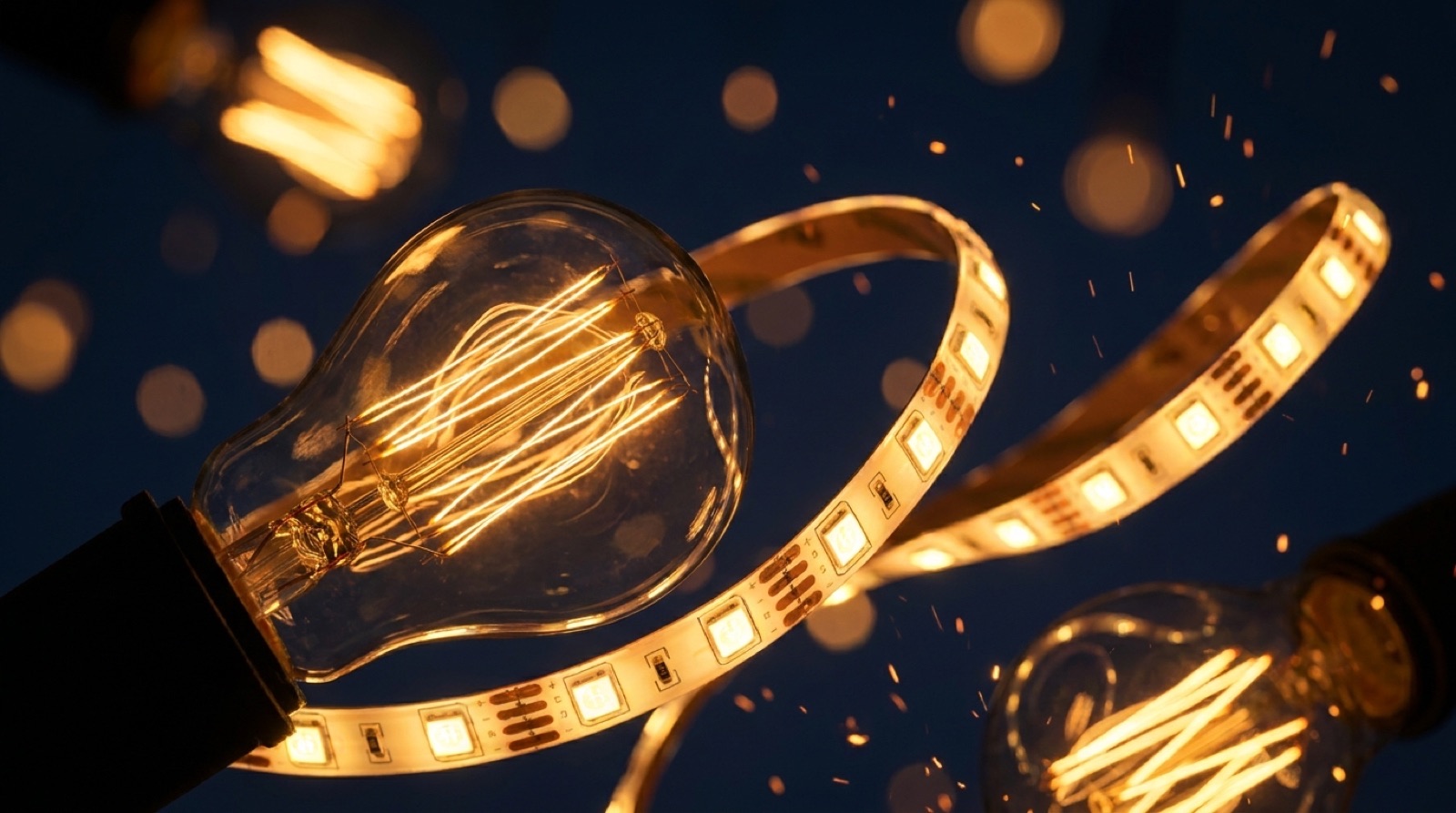 A filament bulb and a coil of warm LED strip lighting glowing against a dark background