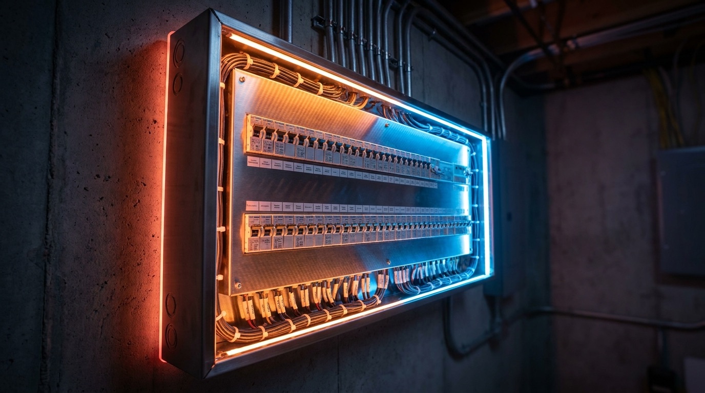 A switchboard glowing with light in a dark plant room