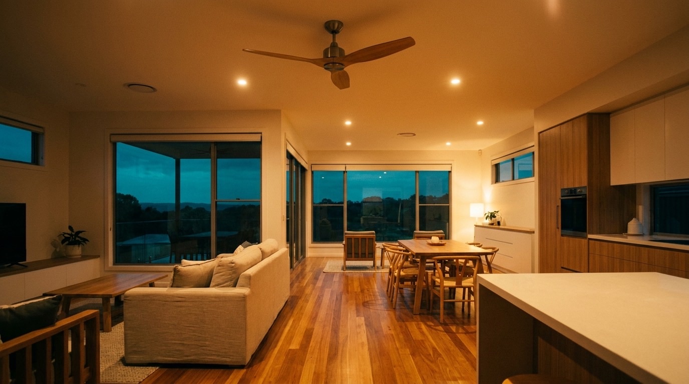 A living room at dusk with a ceiling fan and warm downlights on