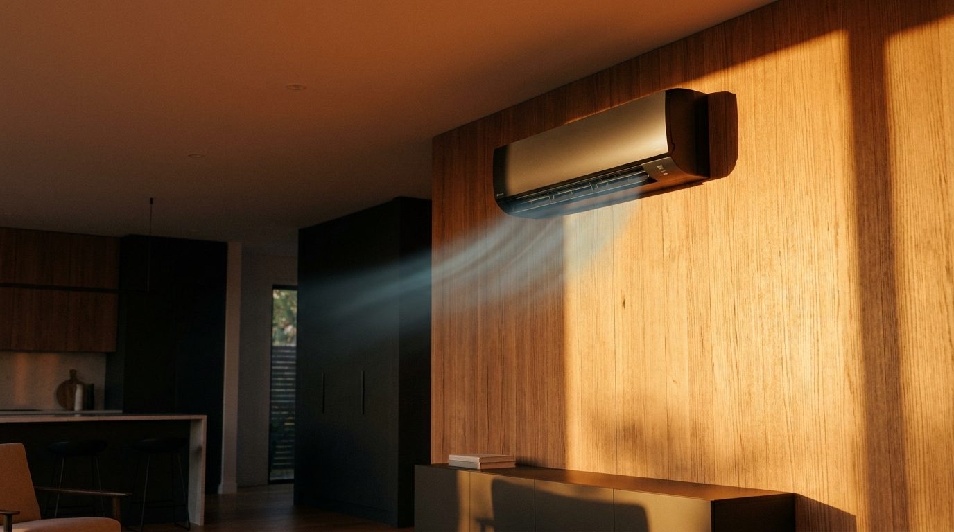 A split system air conditioner mounted on a timber-lined wall