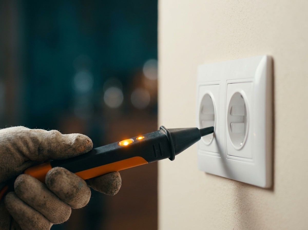 A gloved hand testing a double power point with a voltage tester